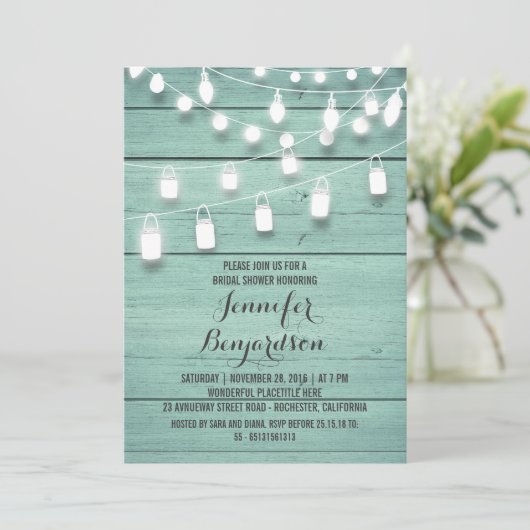 Rustikales String Lights Aquamarines Brautparty Einladung (Stehend Vorderseite)