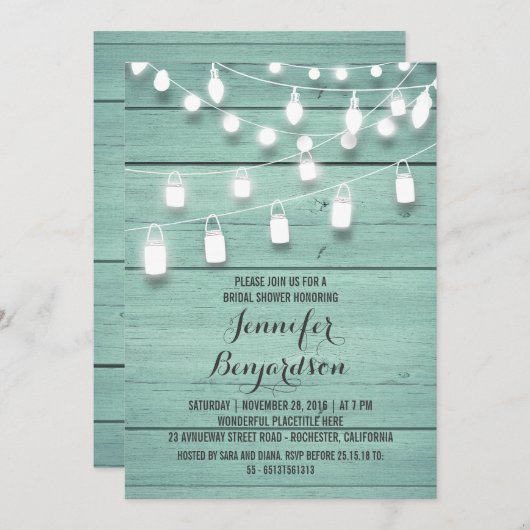 Rustikales String Lights Aquamarines Brautparty Einladung (Vorne/Hinten)