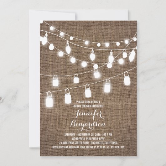 Rustikales String Lights Burlap-Brautparty Einladung (Vorderseite)