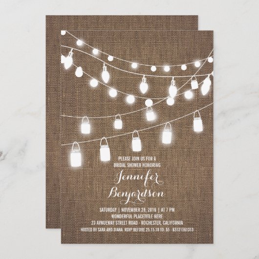 Rustikales String Lights Burlap-Brautparty Einladung (Vorne/Hinten)