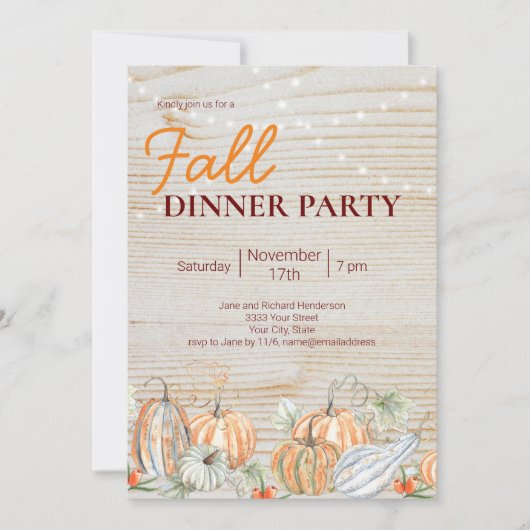 Rustikales String Lights Fall Pumpkin Dinner Party Einladung (Vorderseite)
