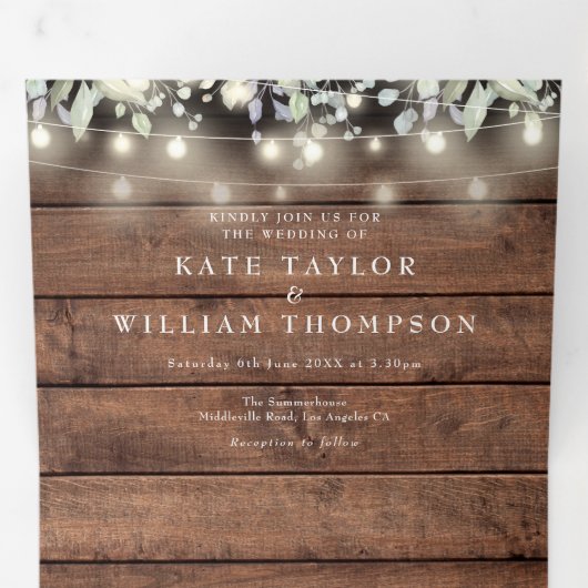 Rustikales String Lights Floral Monogram Foto Wedd Dreifach Gefaltete Einladung (Innen Erste Seite)
