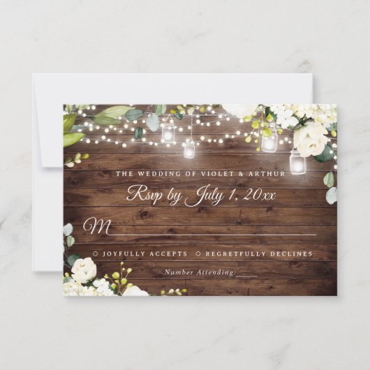 Rustikales String Lights Floral Wedding RSVP Einladung (Vorderseite)