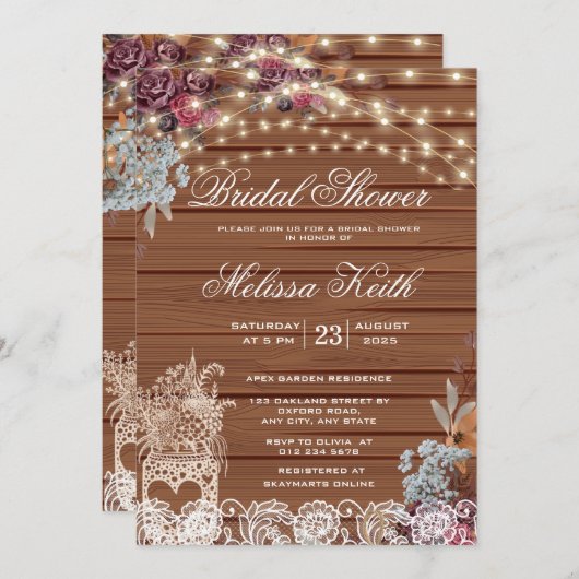 Rustikales String Lights Gipskraut Brautparty Einladung (Vorne/Hinten)