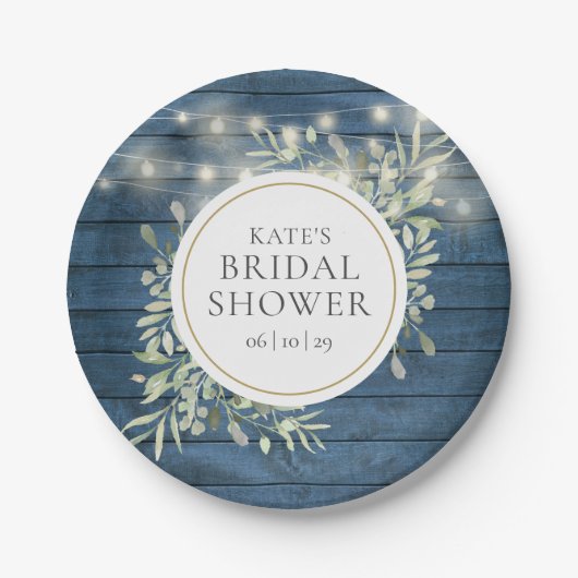 Rustikales String Lights Greenery Brautparty Pappteller (Vorderseite)