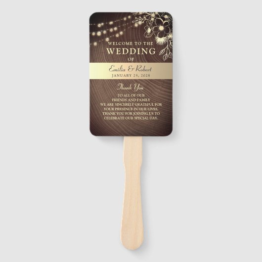 Rustikales String Lights Hochzeitsprogramm Fächer (Vorderseite)