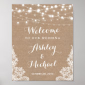 Rustikales String Lights Lace Burlap Wedding Sign Poster (Vorne)