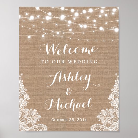 Rustikales String Lights Lace Burlap Wedding Sign Poster (Vorne)