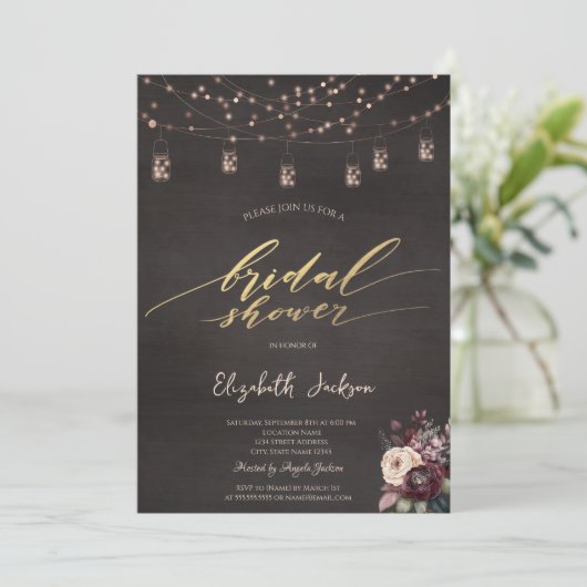 Rustikales String Lights Mason Jar Rose Brautparty Einladung (Stehend Vorderseite)