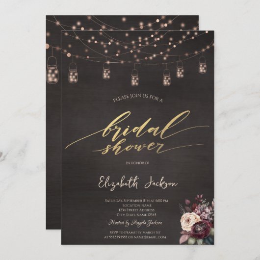 Rustikales String Lights Mason Jar Rose Brautparty Einladung (Vorne/Hinten)