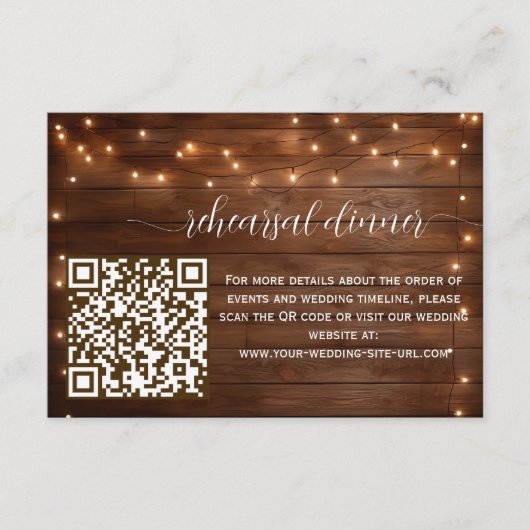 Rustikales String Lights QR Code Probe Dinner Begleitkarte (Vorderseite)