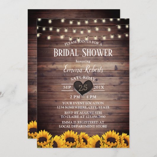 Rustikales String Lights Sonnenblumen Brautparty Einladung (Vorne/Hinten)