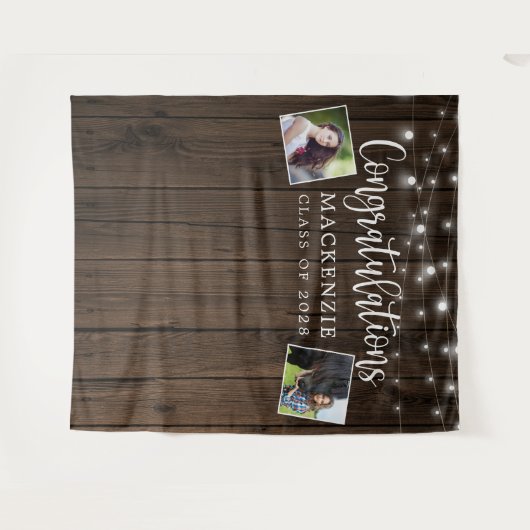 Rustikales String Lights Stall Wood Abschluss Foto Wandteppich (Vorderseite (Horizontal))