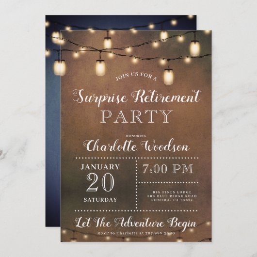 Rustikales String Lights Überraschungs-Renting-Par Einladung (Vorne/Hinten)