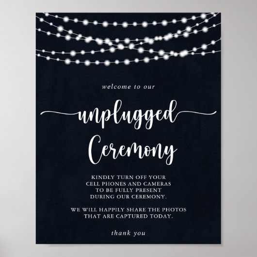 Rustikales String Lights Unplugged Zeremony Sign Poster (Vorne)