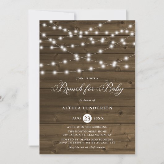 Rustikales String Lights Wood Baby Dusche Brunch Einladung (Vorderseite)