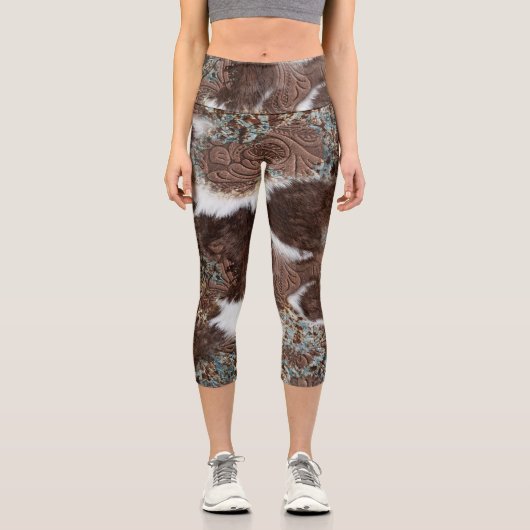 Rustikales Südwestküstenbraunes Ledermuster Capri Leggings (Vorderseite)