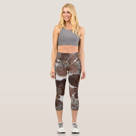 Rustikales Südwestküstenbraunes Ledermuster Capri Leggings (Vorderseite)