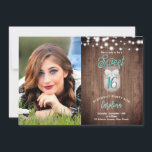 Rustikales Sweet 16 Mason Jar Lights Aquamarin Geb Einladung<br><div class="desc">Dieses Design verfügt über ein Maurerkirschen mit einem Bogen- und Streichellicht auf einem rustikalen Holzboden und Platz für ein Foto. Klicken Sie auf die Schaltfläche Anpassen, um den Text zu verändern oder die Grafik zu verschieben! Variationen dieses Designs sowie der Koordinationsprodukte sind in unserem Shop, zazzle.com/store/doodlelulu, erhältlich. Kontaktieren Sie uns,...</div>