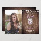 Rustikales Sweet 16 Mason Jar Lights Lila Geburtst Einladung (Vorne/Hinten)
