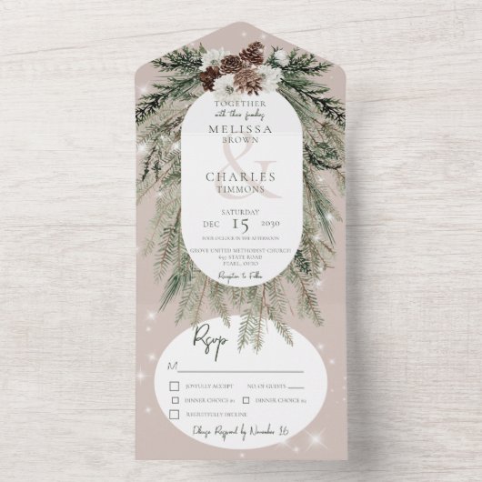 Rustikales Tan Pine Winter Abendessen All In One Einladung (Innen Boden)