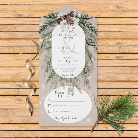 Rustikales Tan Pine Winter Sparkone All In One Einladung