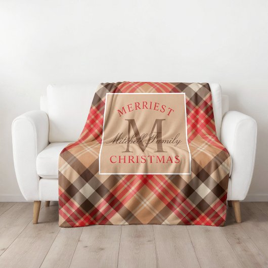 Rustikales Tan Red Tartan Kariertes Weihnachtsmono Fleecedecke