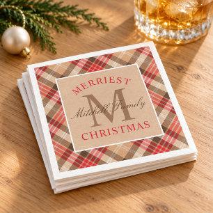 Rustikales Tan-Rot-Tartan-Karo Frohe Weihnachten Serviette