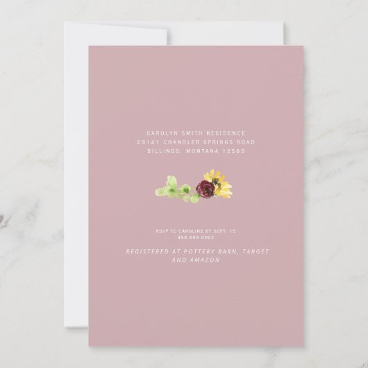 Rustikales Tanzen Sonnenblumen Dusty Rose Brautpar Einladung (Rückseite)