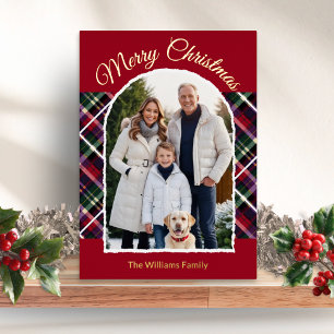 Rustikales Tartan-Karo-Bogen-Foto Frohe Weihnachte Folien Feiertagskarte