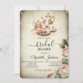 Rustikales Tee-Set, String-Leuchten, Rose-Brautpar Einladung (Vorderseite)