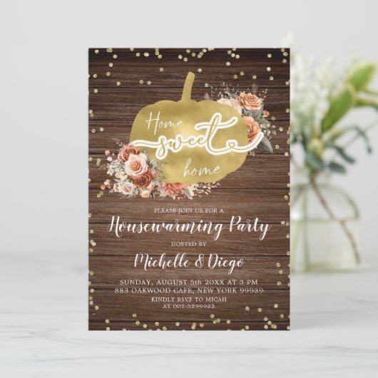 Rustikales Terracota Floral Pumpkin Housewarming P Einladung (Stehend Vorderseite)