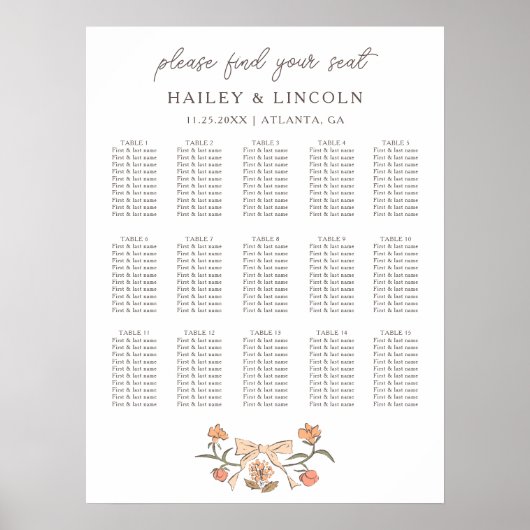 Rustikales Terracotta Bow Floral Wedding Chart Poster (Vorne)