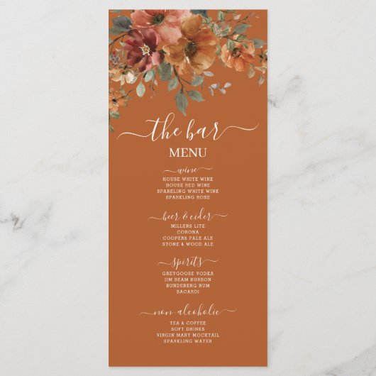 Rustikales Terracotta Burnt Orange Blumenmenü Programm (Rückseite)