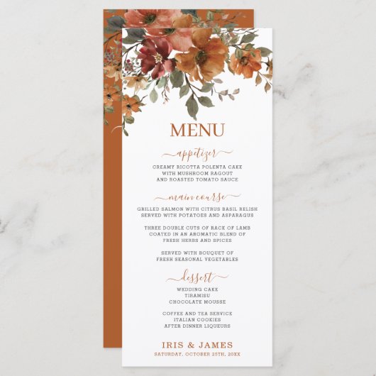 Rustikales Terracotta Burnt Orange Blumenmenü Programm (Vorne/Hinten)