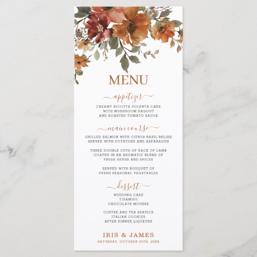 Rustikales Terracotta Burnt Orange Blumenmenü Programm (Vorderseite)