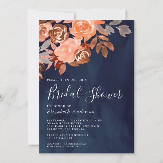 Rustikales Terracotta Floral Navy Blue Brautparty Einladung (Vorderseite)