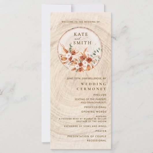 Rustikales Terracotta-Hochzeitsprogramm für Holz (Vorderseite)