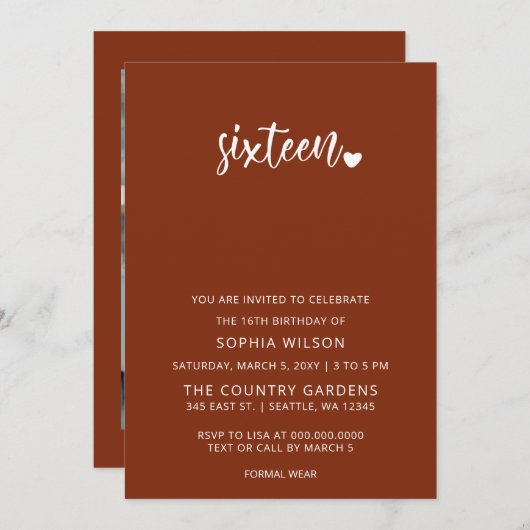 Rustikales Terracotta Script Sweet 16 Birthday Fot Einladung (Vorne/Hinten)