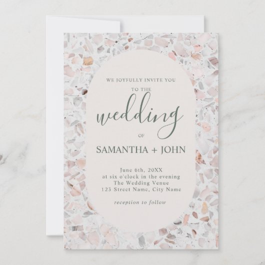 Rustikales Terrazzo von White Modern Script Weddin Einladung (Vorderseite)