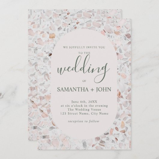 Rustikales Terrazzo von White Modern Script Weddin Einladung (Vorne/Hinten)