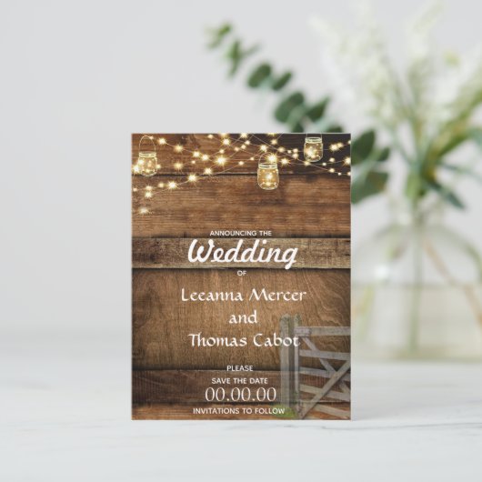 Rustikales Tor Save the Date Postkarte (Stehend Vorderseite)