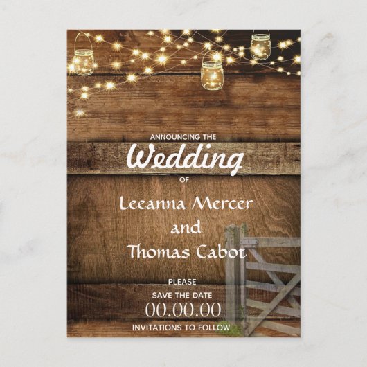 Rustikales Tor Save the Date Postkarte (Vorderseite)