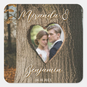 Rustikales Tree Bark Heart Foto Wedding Quadratischer Aufkleber