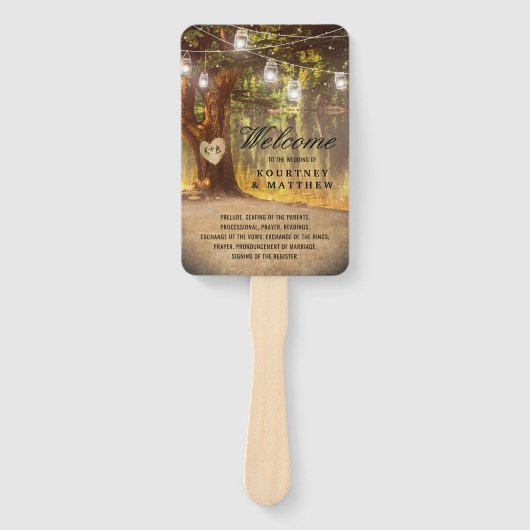 Rustikales Tree Lake Twinkle Lights Hochzeitsprogr Fächer (Vorderseite)