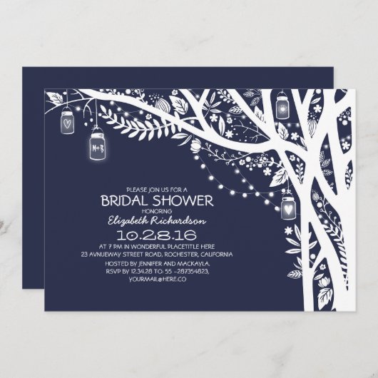 Rustikales Tree Mason Jar Lights Navy Brautparty Einladung (Vorne/Hinten)
