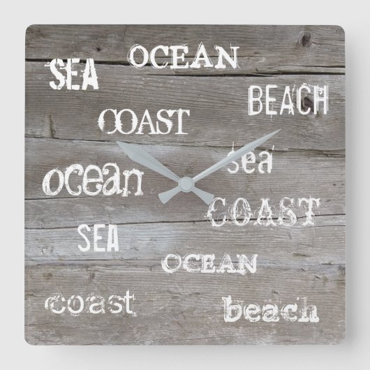 Rustikales Treibholzstrandschreiben Quadratische Wanduhr (Vorderseite)