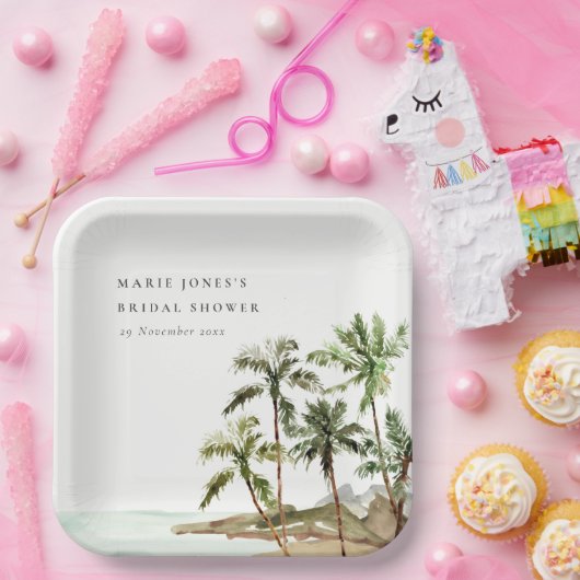 Rustikales Tropical Palm Tree Beach Sand Brautpart Pappteller (Party)