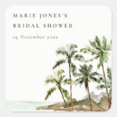 Rustikales Tropical Palm Tree Beach Sand Brautpart Quadratischer Aufkleber (Vorderseite)