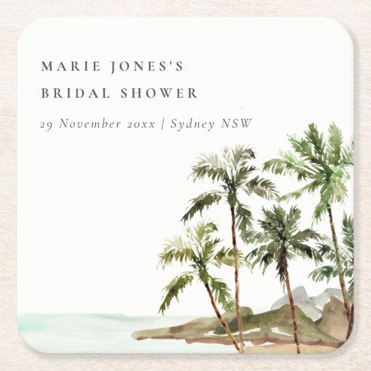 Rustikales Tropical Palm Tree Beach Sand Brautpart Rechteckiger Pappuntersetzer (Vorderseite)